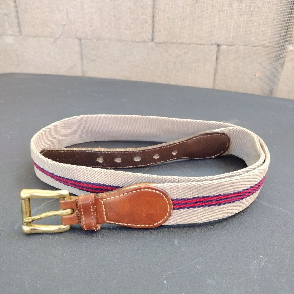 Vintage Dooney & Bourke Brown Leather Beige Red Canvas Belt Size 32 Brass Buckle